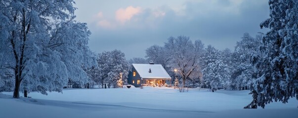 A serene winter landscape showcasing a cozy house surrounded by snow-covered trees under a calm, cloudy sky.