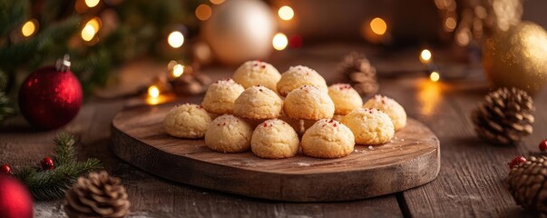 Festive holiday cookies on a wooden platter, surrounded by Christmas decorations, creating a warm and inviting atmosphere.