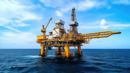 An offshore oil rig stands tall against a blue sky, surrounded by ocean waters, representing energy production and industrial engineering.