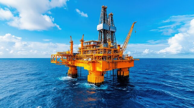 An offshore oil drilling rig stands tall against a vibrant blue sky, surrounded by calm ocean waters, showcasing modern energy exploration.