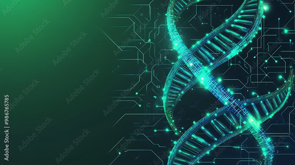 Poster a glowing dna double helix against a green background and digital circuit board, representing the in