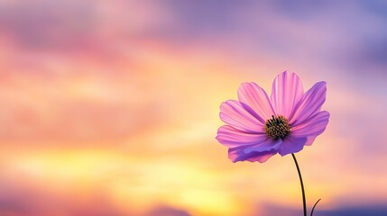 A single cosmos flower blooming in the sunset sky