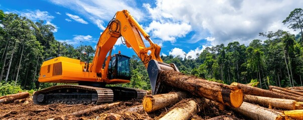 A bright orange excavator operates among stacked logs in a lush forest, showcasing heavy machinery in an industrial logging setting.