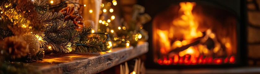 Warm and inviting holiday scene with glowing lights, festive decorations, and a cozy fireplace creating a perfect winter atmosphere.