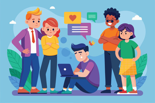 A group of friends gathers around a laptop, addressing a homophobic bully, promoting inclusivity and support, Customizable flat illustration of homophobic bullying.