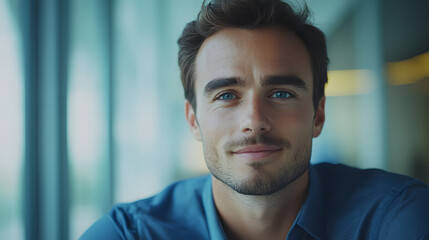 Angel investor with halo evaluating startup pitch, serene smile in soft morning light, entrepreneurial success concept