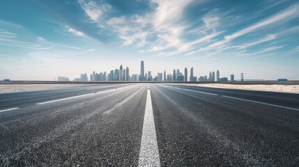 Fototapeta premium Asphalt Road Leading Towards Modern City Skyline