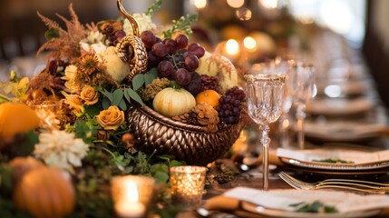 Cornucopias, harvest-themed centerpieces, and warm colors like gold, orange, and brown reflect the autumn season and the abundance of the harvest. 