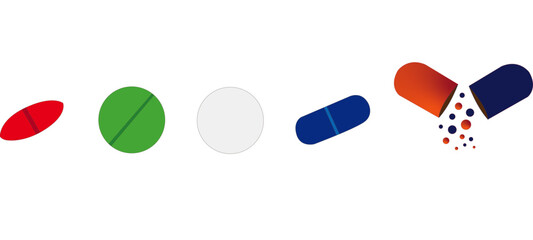 Capsule,pills,tablet icon, collection of pharmacy items,Set of medicine items,colorful background with circles, Treatment of patients with medicine, Pharmacy containing items