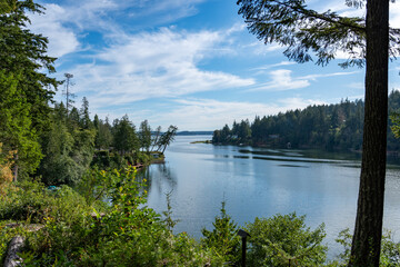 Tree-lined natural harbor on the puget sound, with expansive sky and cloudscape