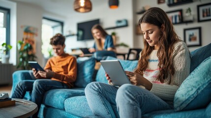 Family gathered in the living room, each using a different device: parent on a laptop, child gaming on a tablet, teenager texting on a smartphone