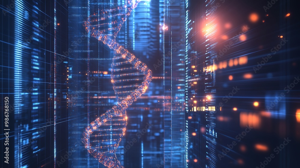 Fototapete A glowing DNA helix in a digital space, surrounded by binary code.