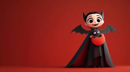 3D character of a white woman dressed as a vampire with a flowing cape, holding a giant bat plush with a sneaky grin, on a deep red gradient backdrop, copy space, cute cartoon style, 3D design
