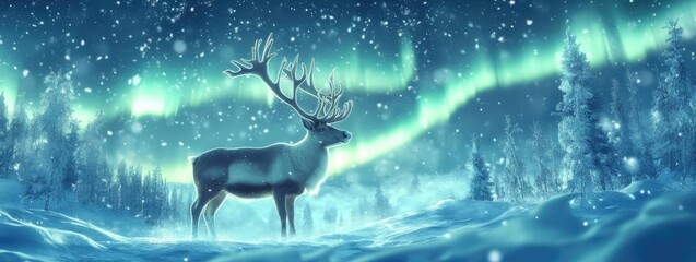 Obraz premium A majestic deer stands under the shimmering northern lights, surrounded by a serene winter landscape. A breathtaking nature scene.