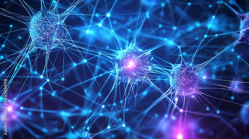 Poster abstract blue and pink digital illustration of interconnected neurons in a network.