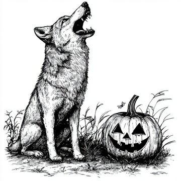 howling wolf halloween pumpkin black and white clip art preview