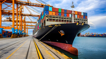 Large cargo ship docked at empty port with stacked containers and idle cranes, symbolizing port strike and industrial tension. - obrazy, fototapety, plakaty