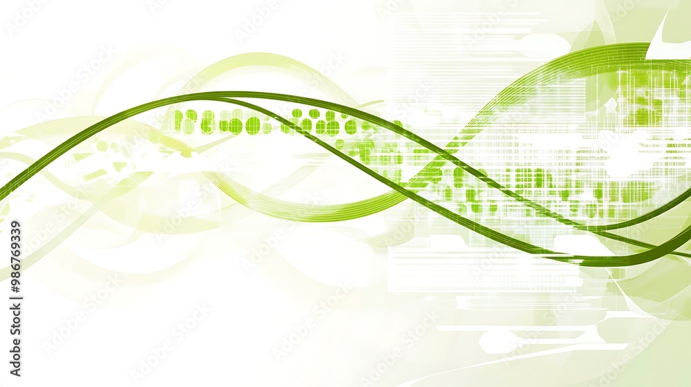 Poster Abstract green wave pattern with dots and lines on a white background, representing technology and science.