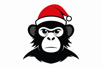 Monkey Wearing a Santa Claus Hat Black Silhouette Illustration.