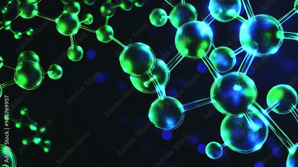 Poster Abstract 3D rendering of glowing blue and green molecules connected by lines on a dark background.