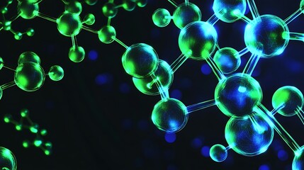Abstract 3D rendering of glowing blue and green molecules connected by lines on a dark background.