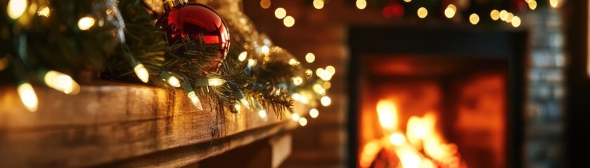 A cozy Christmas setting with twinkling lights, festive decorations, and a warm fireplace, perfect for holiday warmth and cheer.
