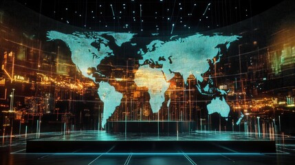 A futuristic digital world map showcasing data visualization and technology, perfect for global business themes.