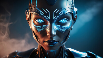 Advanced AI Face: Metallic Features and Holographic Vision in 3D