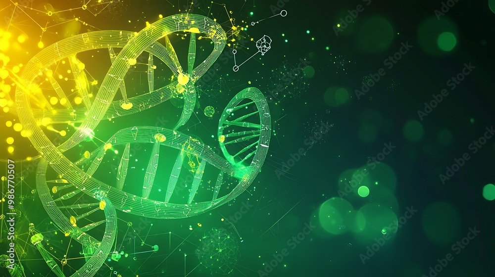 Poster A glowing green DNA double helix on a dark background with abstract glowing shapes and lines.