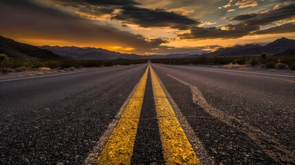 Naklejka premium Endless Road Through Desert Landscape at Sunset