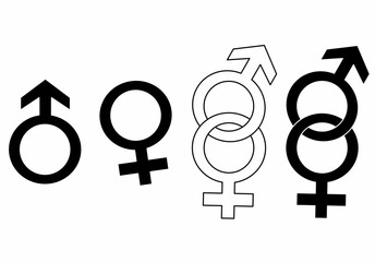 The image features four gender symbols: male, female, and interlocked variations, representing different gender and sexual identities.