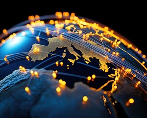 The image depicts a glowing globe highlighting Europe with interconnected lines and lights, symbolizing digital connectivity and global networking.