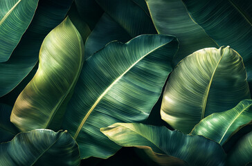 Obraz premium Close up of large banana leaves against a dark green background