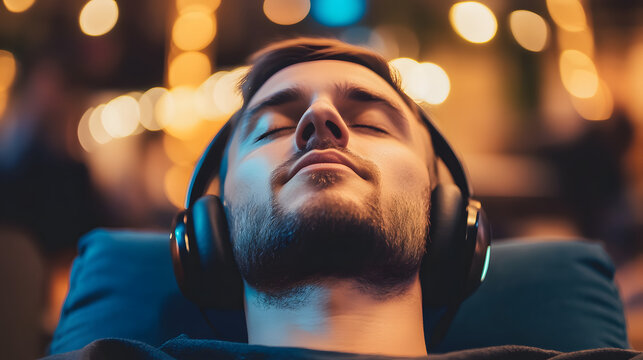 Man wearing noise-canceling headphones, focused and relaxed in a busy office environment, symbolizing the concept of noise cancellation and productivity enhancement.