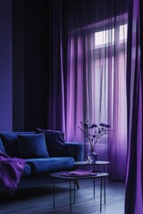 A sleek apartment with wide glass windows and half-drawn curtains, evoking secrecy against a dark grey background.