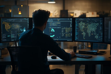 Fototapeta premium Programmer works at a desk facing multiple computer monitors displaying detailed maps and software code in a dimly lit tech workspace for advanced data analysis.