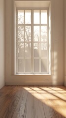 Fototapeta premium White window with shadow on the wall and wooden floor in the room