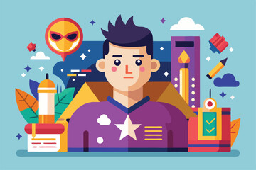 A young character appears overwhelmed in a vibrant setting filled with diverse creative tools and elements, Customizable flat illustration that is overwhelming.