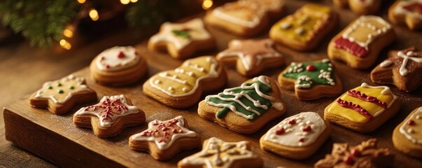 A festive arrangement of beautifully decorated Christmas cookies on a wooden platter, perfect for holiday cheer and sweet treats.