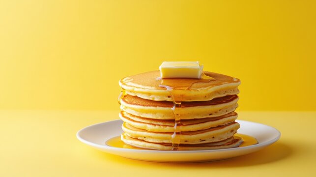 Pancake stack with maple syrup and butter, isolated on a pastel yellow background, simple and clean breakfast shot.
