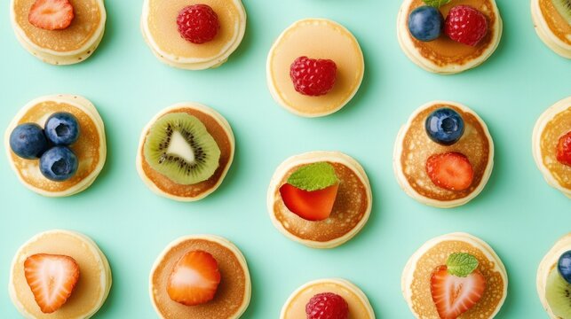 Set of mini pancakes with fresh fruit toppings, isolated on a pastel mint green background, colorful and fun brunch.