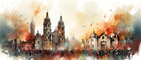 Fototapeta premium Watercolor Cartoon of Mexican Revolution Scene
