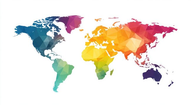 Vibrant and minimalistic world map illustration featuring continents in bold colors on a white background, showcasing a simple flat design with clean lines and ample white space