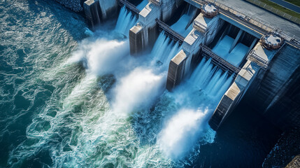 Hydroelectric dam with rushing water and electric turbines turning with the force of the flowing river water , generating clean energy for ecology and zero carbon targets .