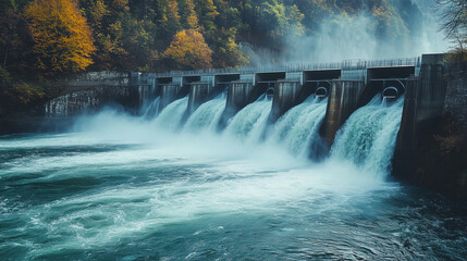 Hydroelectric dam with rushing water and electric turbines turning with the force of the flowing river water , generating clean energy for ecology and zero carbon targets .