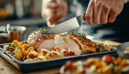 Close-up of turkey carving process, knife slicing through the meat, juicy texture, Thanksgiving cooking, step-by-step detail