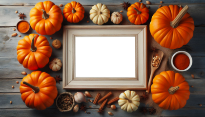 Colorful orange pumpkin with wooden frame with text copy space cutout transparent background, png format on wooden background