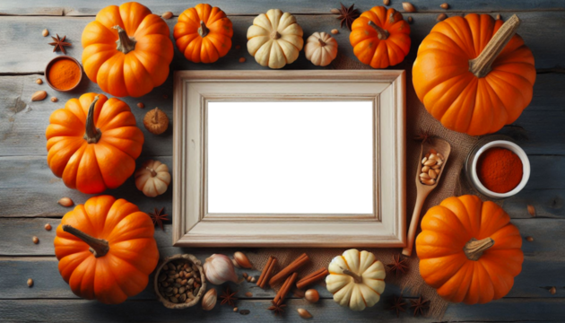 Colorful orange pumpkin with wooden frame with text copy space cutout transparent background, png format on wooden background