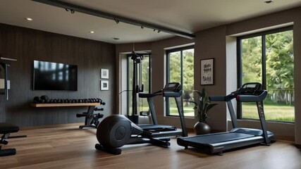 A modern home gym with state-of-the-art fitness equipment, sleek design, and motivational posters.