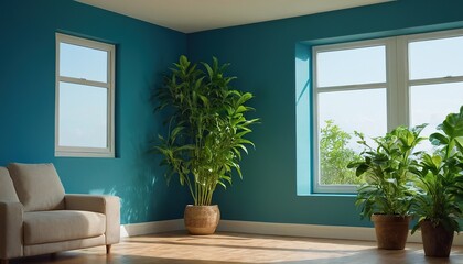 Fototapeta premium empty blue wall with plant. Green Plant in a Pot on a Windowsill with a Blue Wall 29 